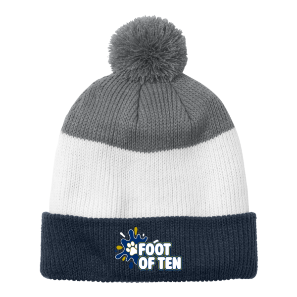 Navy/Marshmallow/Grey Cozy Striped Pom Beanie