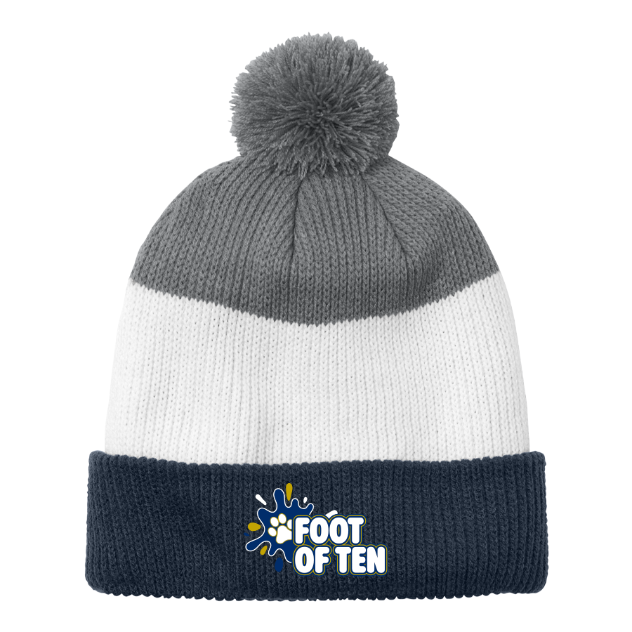 C979-NAVY-FOT Navy/Marshmallow/Grey Cozy Striped Pom Beanie